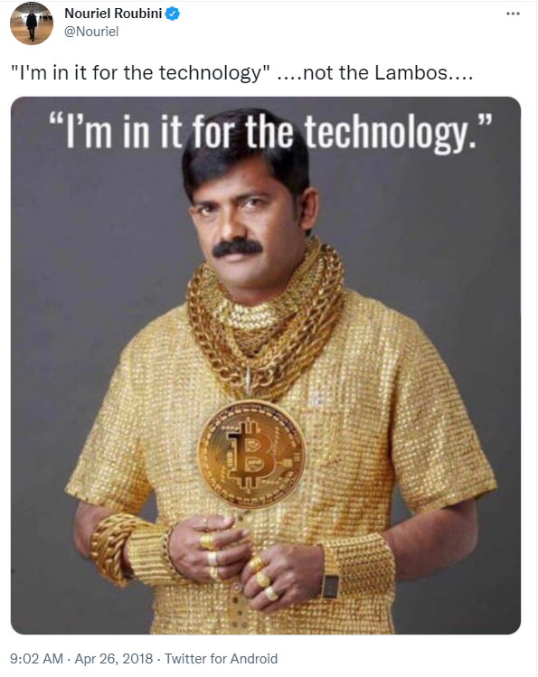 Man in gold shirt claims he’s in crypto for the tech, not the money.