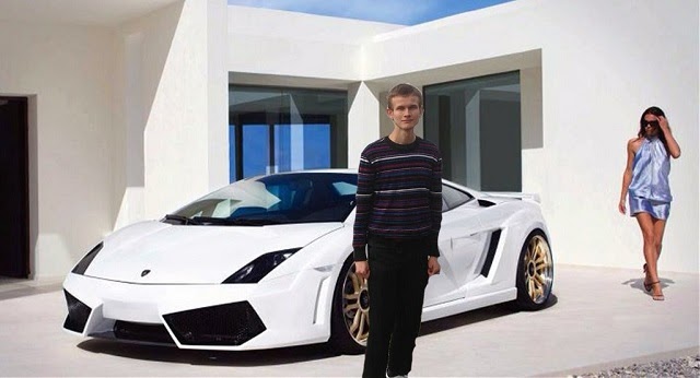 Vitalik Buterin standing in front of a Lambo.